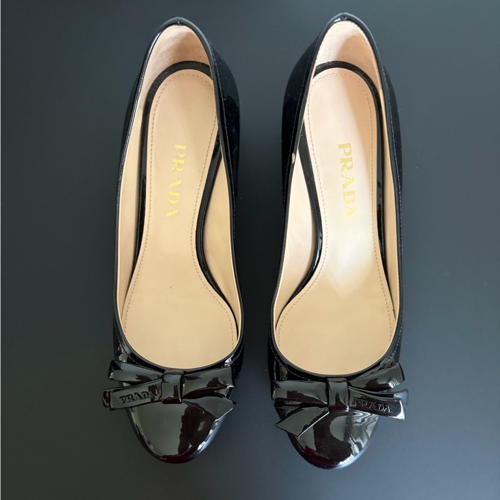 Prada Black Patent Leather Heels with Bow
